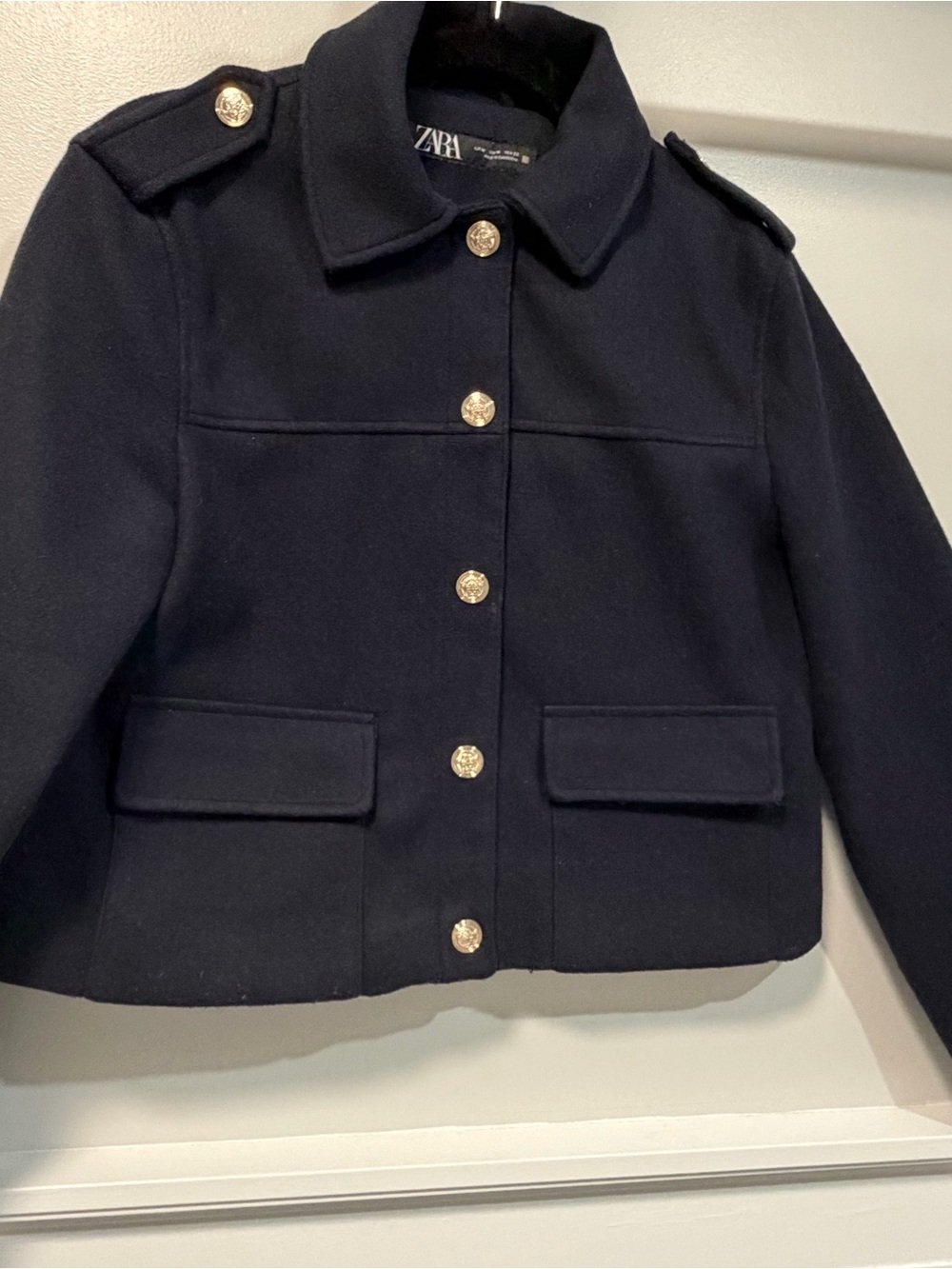 Zara Navy Tweed Boucle Jacket Gold Buttons